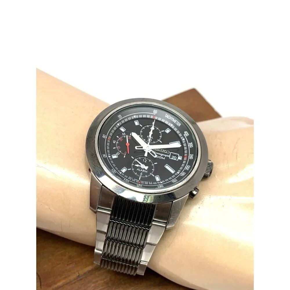 Seiko Men's Watch SNAB19 Quartz Chronograph Black Silver Stainless Steel 44mm